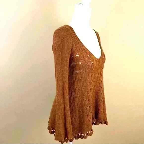 Free People Waterfall Boho Sweater Honey Alpaca Blend V-Neck Sweater Size S - Picture 3 of 16